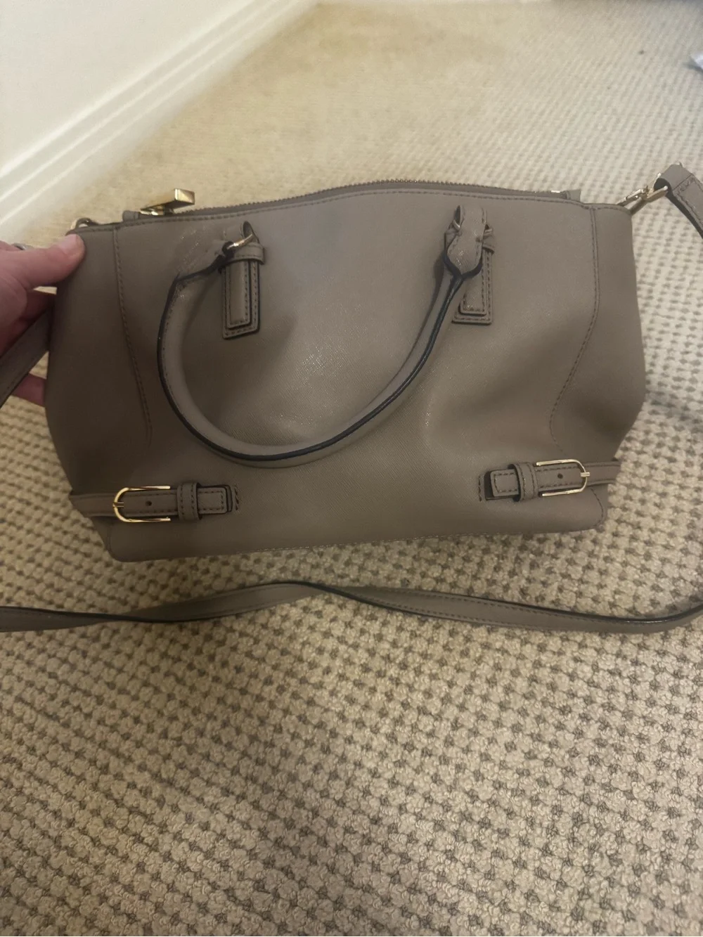 Tory Burch Taupe Pebbled Leather Satchel with Gold Hardware